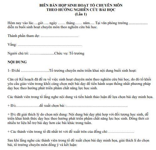 Mẫu biên bản sinh hoạt chuyên môn theo nghiên cứu bài học 2025