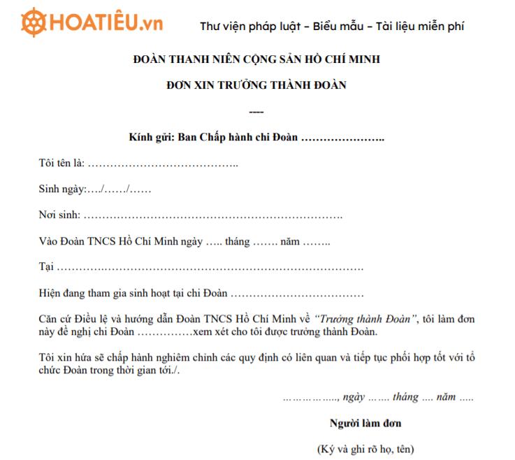 Đơn xin trưởng thành Đoàn 2025