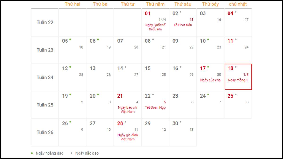 Lịch âm tháng 5 năm 2023 - Xem lịch hôm nay