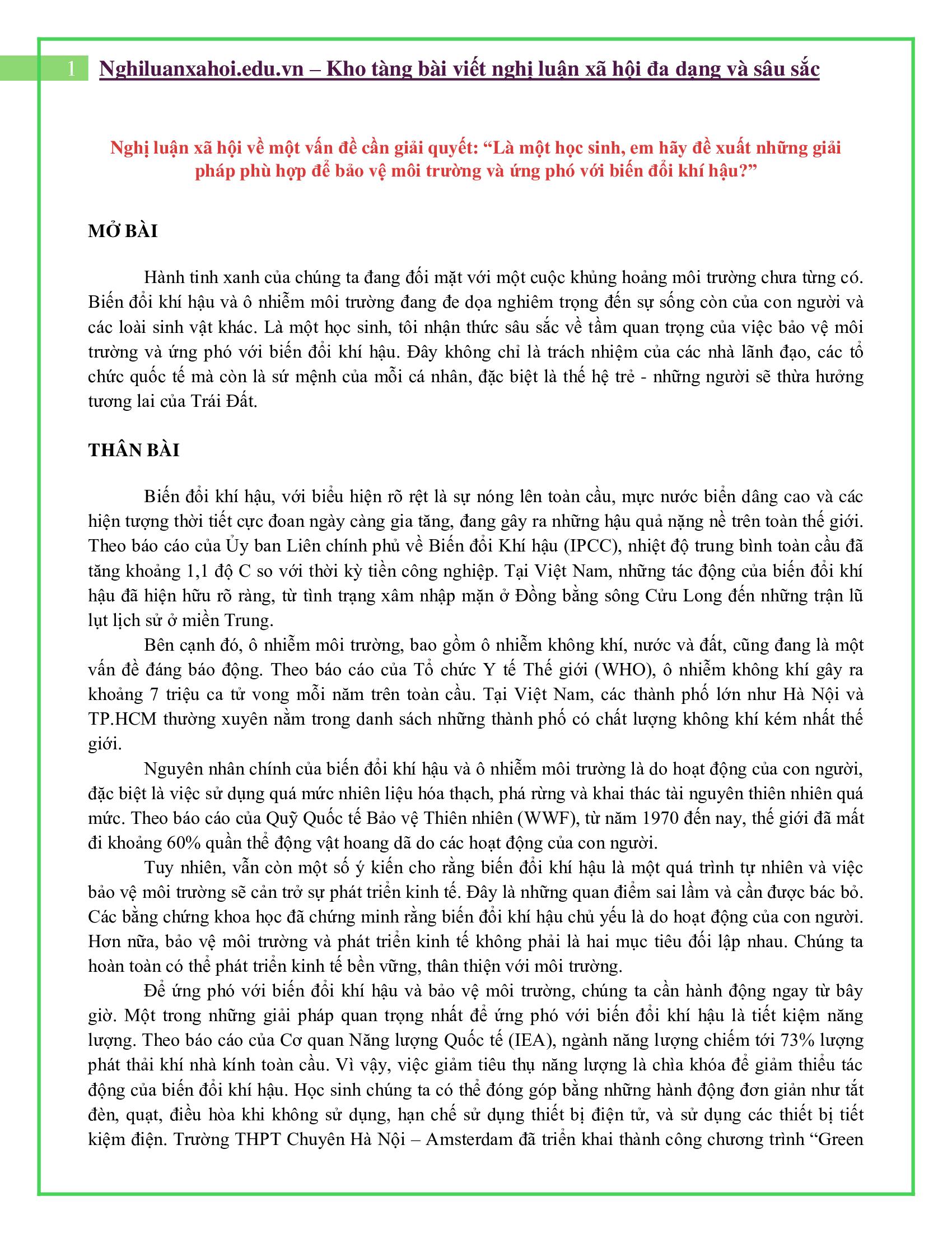 NLXH vấn đề cần giải quyết: Là một học sinh, em hãy đề xuất những giải pháp phù hợp để bảo vệ môi trường và ứng phó với biến đổi khí hậu?